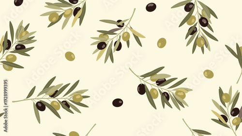 Seamless pattern showcases olive branches with both green and black olives on a cream background for a Mediterranean inspired design.