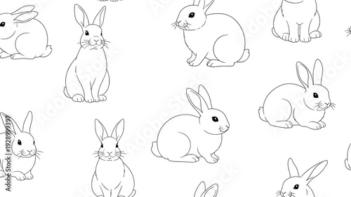 Charming seamless pattern of simple line drawn rabbits in various poses is shown on a white background for a minimalist nursery theme.