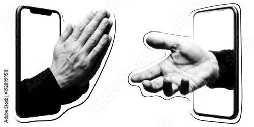 Retro halftone stippled style stickers. Digital support and help concept: hands reaching out of smartphone screens in prayer and offering gestures