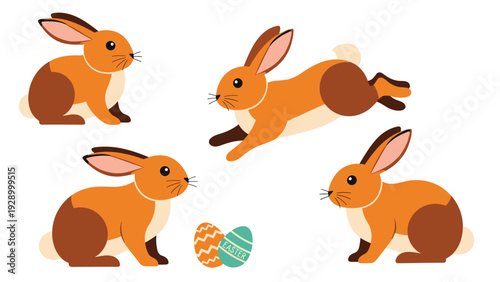 Collection of four brown Easter bunnies in sitting and jumping poses with two decorated eggs for holiday promotions.