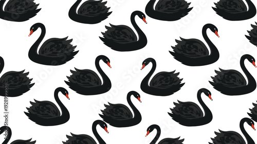 Striking seamless pattern of black swans with red beaks on a clean white background for modern textile and fabric designs.