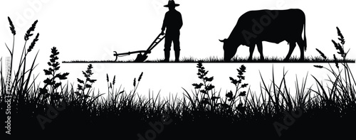 Traditional farmer plowing field with cow silhouette illustration, rural agriculture landscape, old farming method concept, countryside livelihood, black vector design