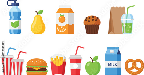 Food and Drink Vector Collection Featuring Healthy and Fast Food Items Including Fruits, Beverages, Snacks, and Meals in Colorful