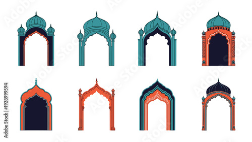 Set of eight colorful Islamic arch and mosque dome silhouettes for Ramadan and Eid festival background design elements.