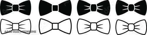 Collection of black and white bow tie icons, solid and outline styles, representing formal wear and accessories.