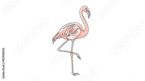 Minimalist single line drawing of a graceful flamingo with soft pink accents standing on one leg on a white background.