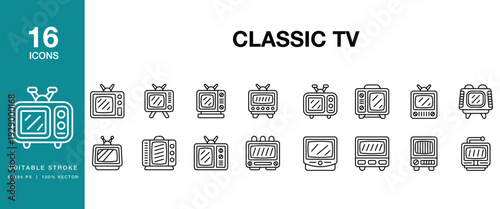 Classic TV icon set. Includes television, tv, classic, vintage, retro, analog, antenna and More. Editable Stroke Icon Collection.