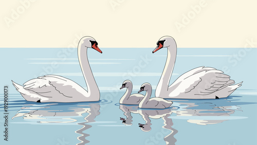 Beautiful illustration of a swan family with two adults and two cygnets swimming on calm blue water under a clear sky.