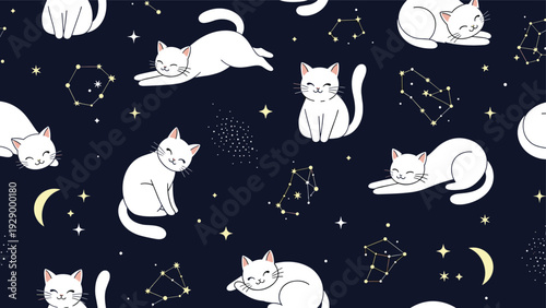 Whimsical seamless pattern featuring cute white cats sleeping and stretching among golden stars and constellations on a dark sky.
