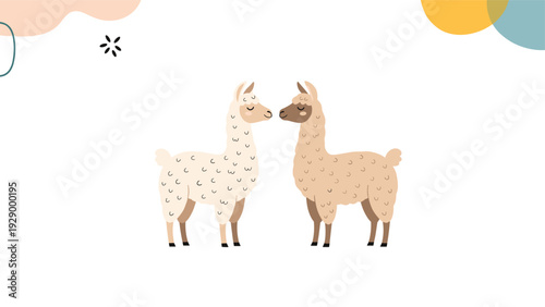 Cute illustration of two llamas one white and one brown facing each other with colorful shapes in the background for nursery art.