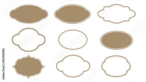 Set of nine vintage style blank frames and labels in various shapes and sizes in brown and white for product packaging design.