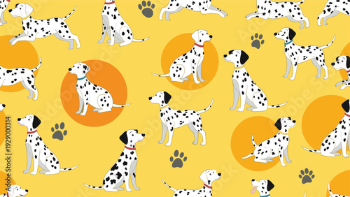 Fun seamless pattern with dalmatian dogs in different poses and orange circles on a bright yellow background with paw prints.