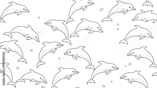 Seamless black and white pattern with various outlined dolphins jumping and swimming in the water on a clean white background.