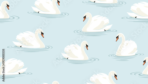 Elegant seamless pattern with graceful white swans floating on light blue water with soft ripples on the surface.