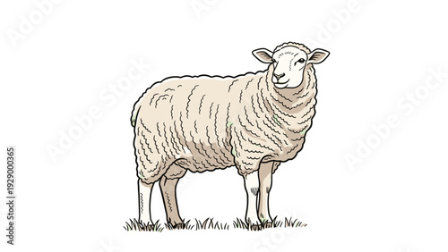 Detailed color illustration of a woolly white sheep standing in a patch of green grass on a plain white background.