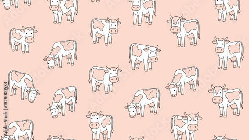 Seamless pattern featuring cute hand drawn dairy cows with brown spots over a soft pink background for nursery and textile prints.