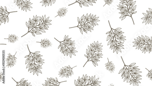 Detailed seamless pattern with various botanical leaf and branch sketches in a dark brown tone on a white background.