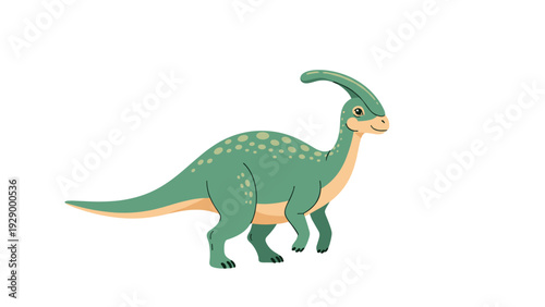 Cartoon illustration of a green parasaurolophus dinosaur with orange spots and a characteristic head crest on white background.