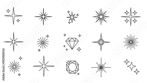 Collection of hand drawn sparkle icons and diamond shapes in minimalist black line art style for highlighting and decoration.