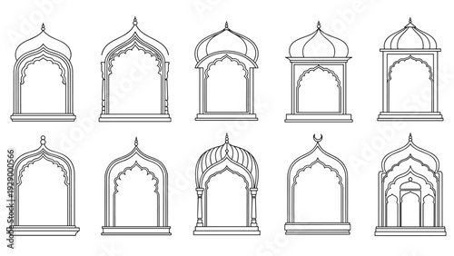 Set of traditional islamic and indian architectural arch designs in black line art style for decorative oriental frames and windows.