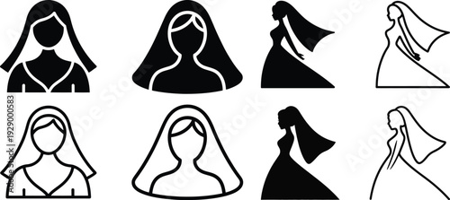 Collection of bride icons in silhouette and outline styles, showcasing wedding dresses and veils, perfect for bridal themes and celebrations.