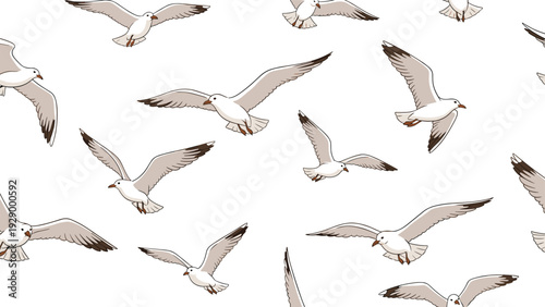 Seamless coastal background pattern featuring flying seagulls in various angles and wingspans over a clean white background space.