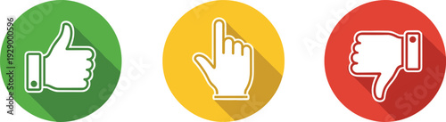 Hand Gesture Icon Vector Collection Featuring Thumbs‑Up, Pointing Finger, and Thumbs‑Down Symbols in Green, Yellow, and Red Circles for Feedback and User Interface