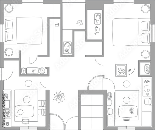 A detailed black and white floor plan of a multi-room interior layout with furniture and fixtures