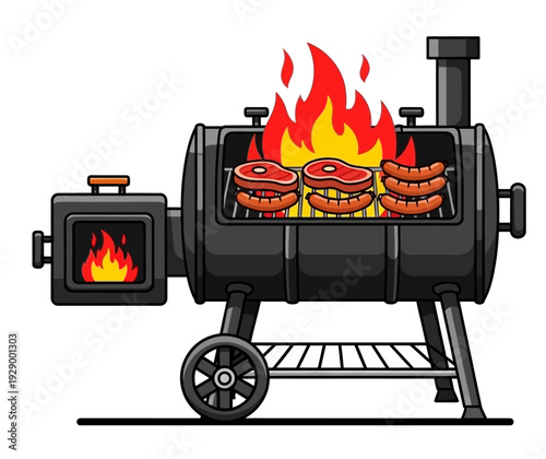Cartoon BBQ Grill with Flames and Steaks Vector Illustration