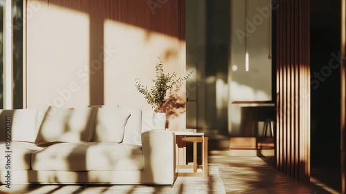 Modern living room interior featuring a comfortable sofa, elegant decor, and slatted wood elements, creating a peaceful and inviting atmosphere with warm afternoon sunlight