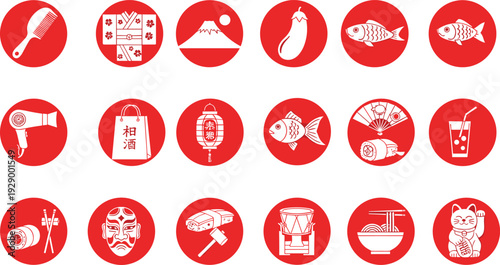 Japanese Culture Icons Vector Set Featuring Food, Drinks, and Traditional Symbols for Graphic