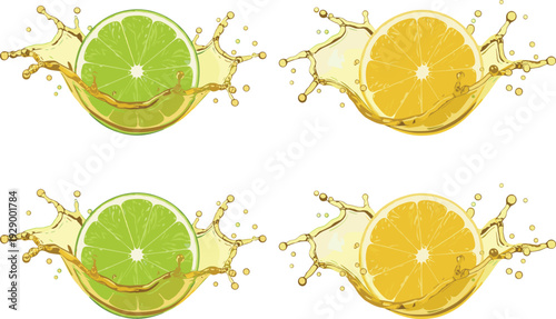 Lemon and Lime Slices with Splash Icons Set Featuring Fresh Citrus