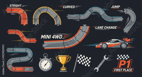Mini 4WD Racing Track Elements and Accessories Illustration.