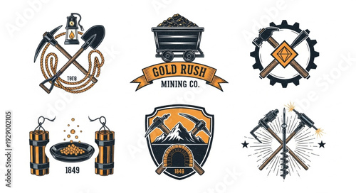 Vintage mining emblems depicting tools and elements of gold rush era.