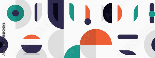 Abstract geometric shapes, muted colors, modern design. Composition features circles, rectangles, lines, overlapping forms. Minimalist aesthetic.