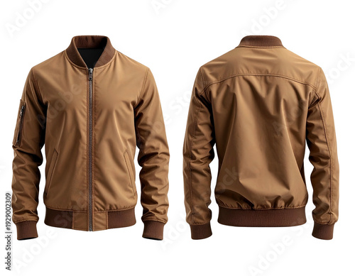 A front and back view of a tan bomber jacket with a brown collar, cuffs and waist band