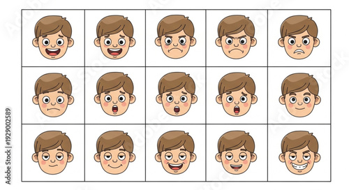 Diverse expressions of a young boy showcasing a range of emotions and feelings.