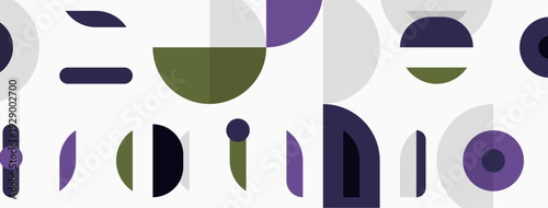 Abstract geometric shapes, purple, olive, gray. Minimalist pattern repeats across white background. Modern design elements present.