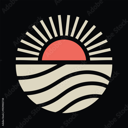 Vibrant sunset over wavy ocean waters in a circular graphic design