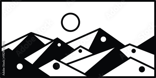 A stylized illustration of mountains under a sun with geometric shapes and dots.