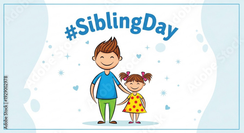 Sibling day illustration of smiling brother and sister in colorful outfit standing together with hearts and stars
