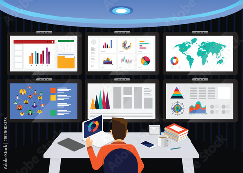 Data analysis control room with monitors charts and
