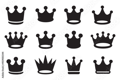Royal crown silhouette icons set, vector illustration of queen crowns, luxury crown shapes, black royal symbol, monarchy design, king crown flat graphic elements