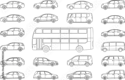 Various types of cars and a double decker bus in a minimalist line style vehicles transportation line minimalist