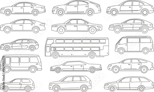 Various types of vehicles including cars vans and a bus in a minimalist line style line minimalist
