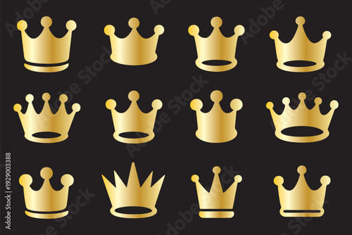 Royal crown silhouette icons set, vector illustration of queen crowns, luxury crown shapes, black royal symbol, monarchy design, king crown flat graphic elements
