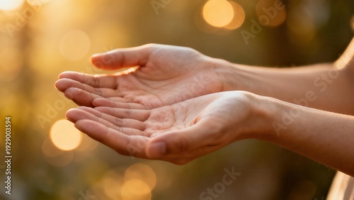 Cupped human hands rest together with palms facing up towards a warm golden hour light with soft bokeh circles in the background.