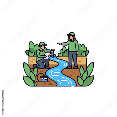 Two men examining water quality sample.