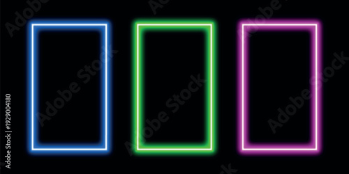 Brightly colored neon rectangle frames cyan and magenta isolated on a black background Artwork