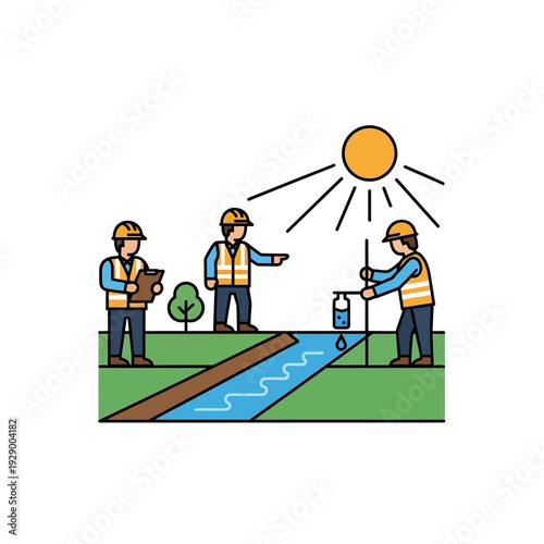 Workers Inspecting Water Pipeline Under Sunlight.